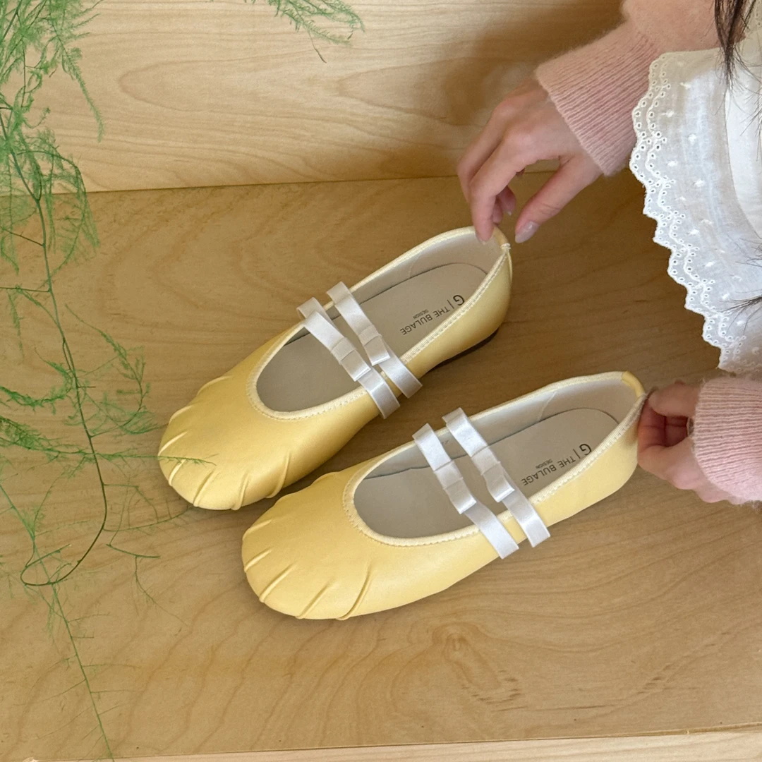 61oniiii ＂蛋黄派＂芭蕾少女手工褶皱蝴蝶结单鞋女浅口玛丽珍鞋