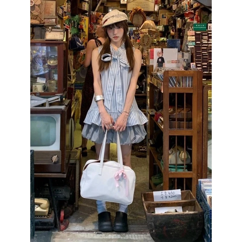 【微光记忆】辣妹套装小个子设计感条纹无袖衬衫花苞短裙两件套炸街