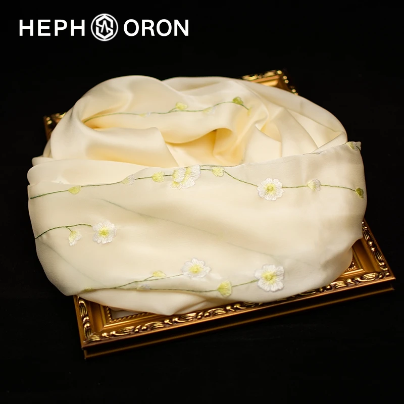 HEPHSORON苏绣丝巾礼盒送妈妈雪白拼纱百搭高级感桑蚕丝真丝围巾