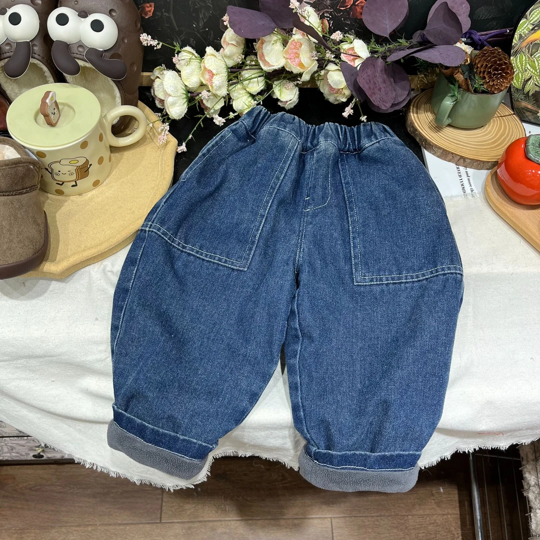 儿童牛仔裤2024新款秋冬款中大童春秋冬款加绒加厚裤子23E69