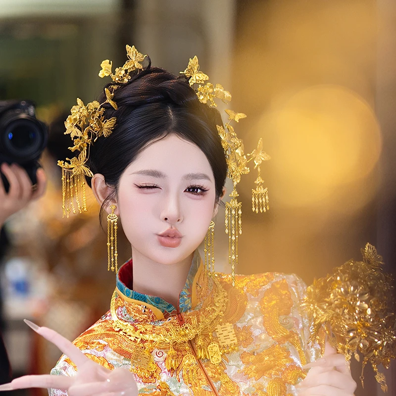 合金婚庆饰品 秀禾服新娘国风贵气蝴蝶中式流苏减龄俏皮发饰10123