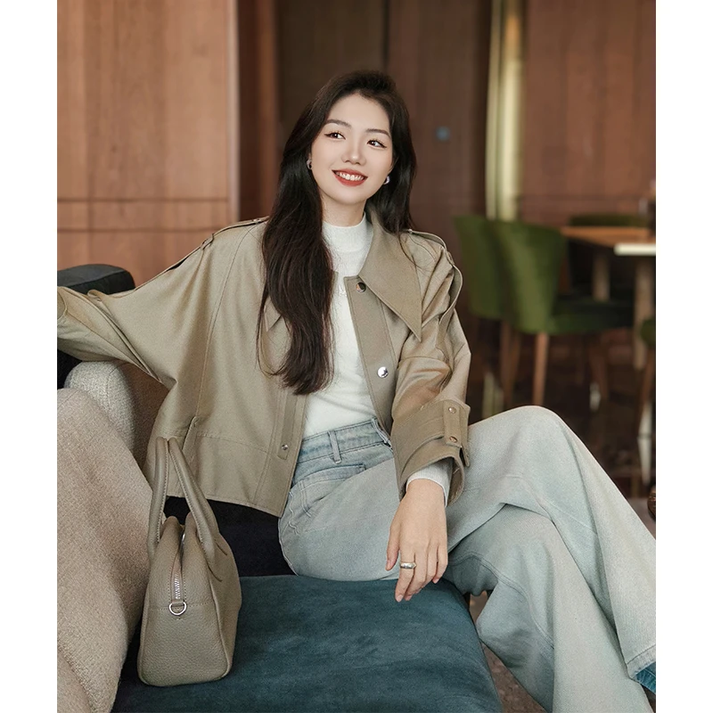 美洋MEIYANG 梦桥短风衣 TR斜纹*皮革|雅丹风~翻领短款夹克