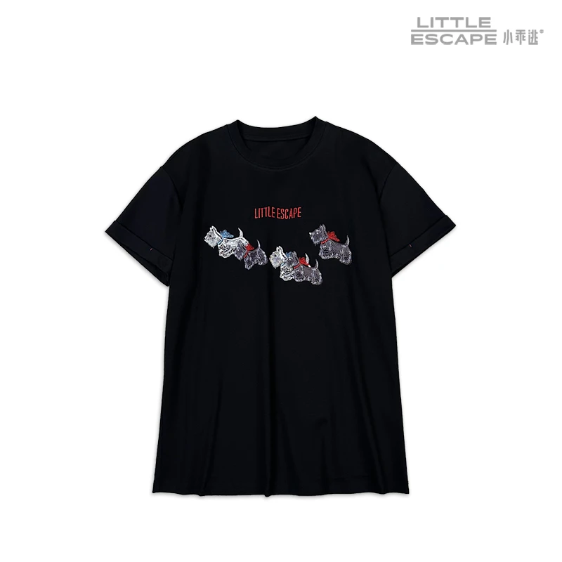 小乖逃D丝光料白色T恤五只小狗短袖宽松简约秋季圆领百搭3185