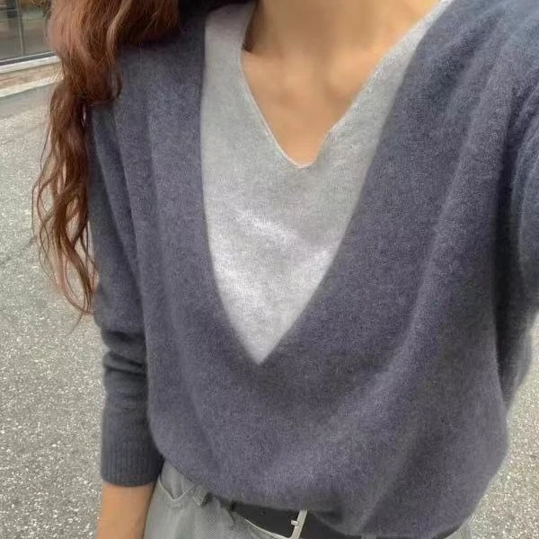 2025秋季新款纯羊毛针织衫女假两件秋冬羊绒欧货高端v领毛衣上衣