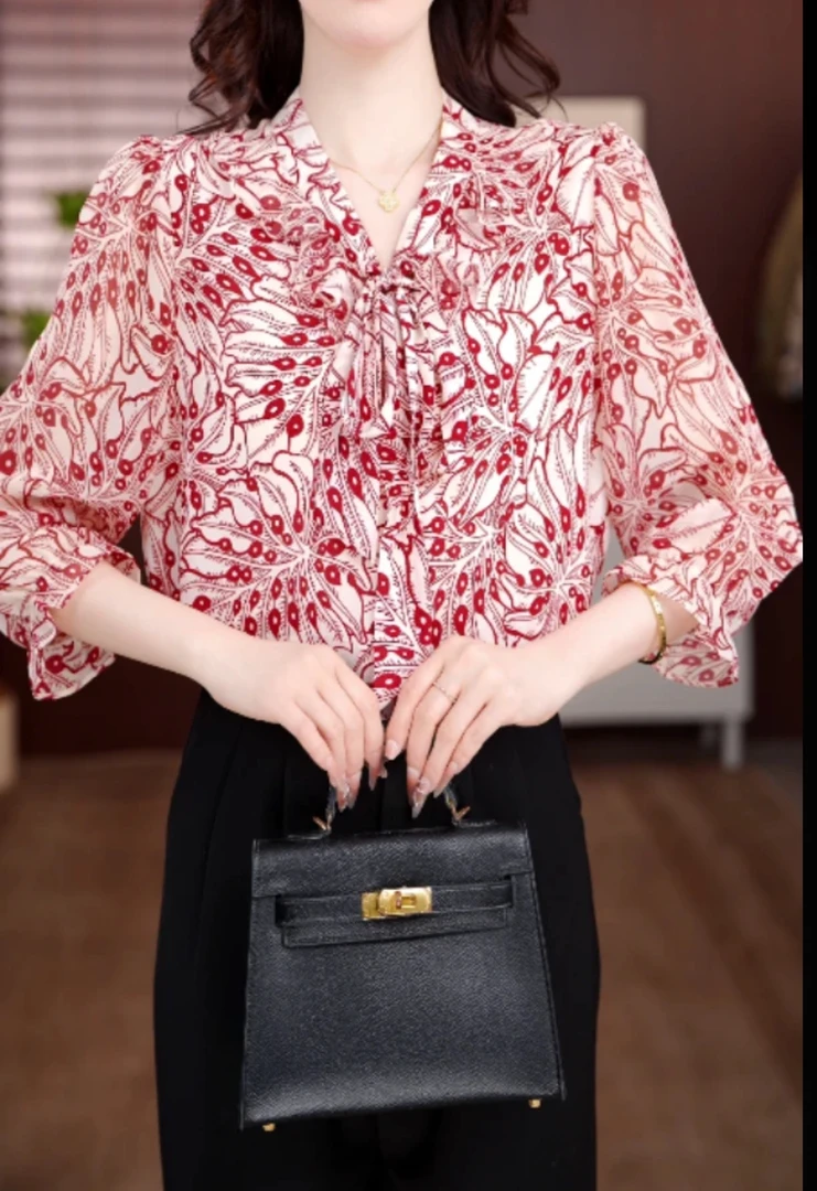 656-花前月下漂亮飘带V领2025新款衬衫小衫洋气衣服时髦打底上衣