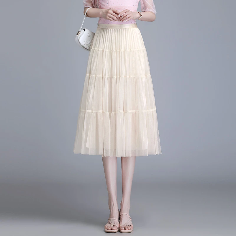 网纱半身裙女夏季2025新款小个子裙子中长款高腰a字裙百褶纱裙子