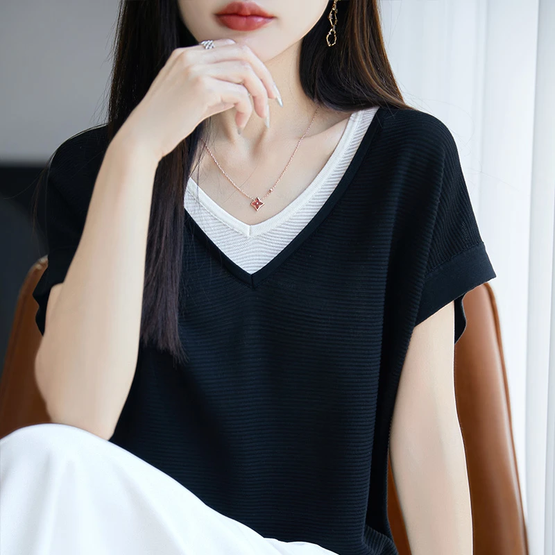 哥弟阿玛施正品夏季新款双V领针织衫时尚洋气百搭显瘦短袖上衣女
