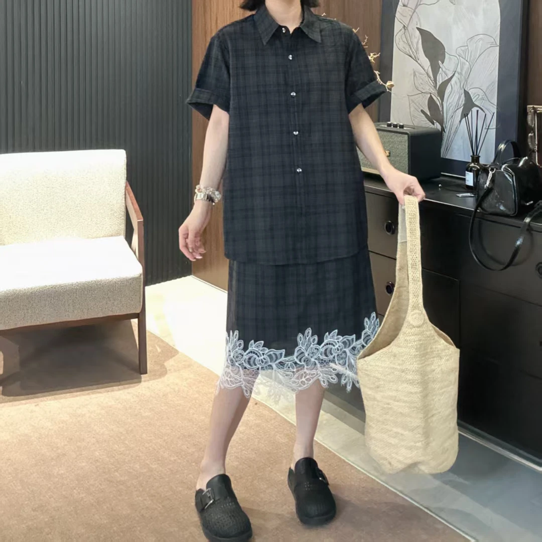 Dayuan 时尚小格子简约休闲短袖衬衫+拼接蕾丝半身裙套装505003