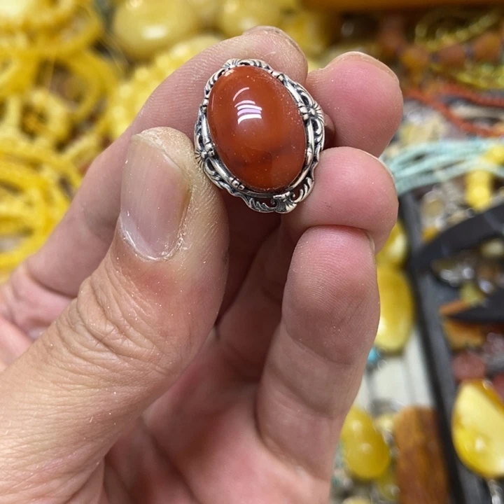 南红玛瑙银S925镶嵌戒指戒指