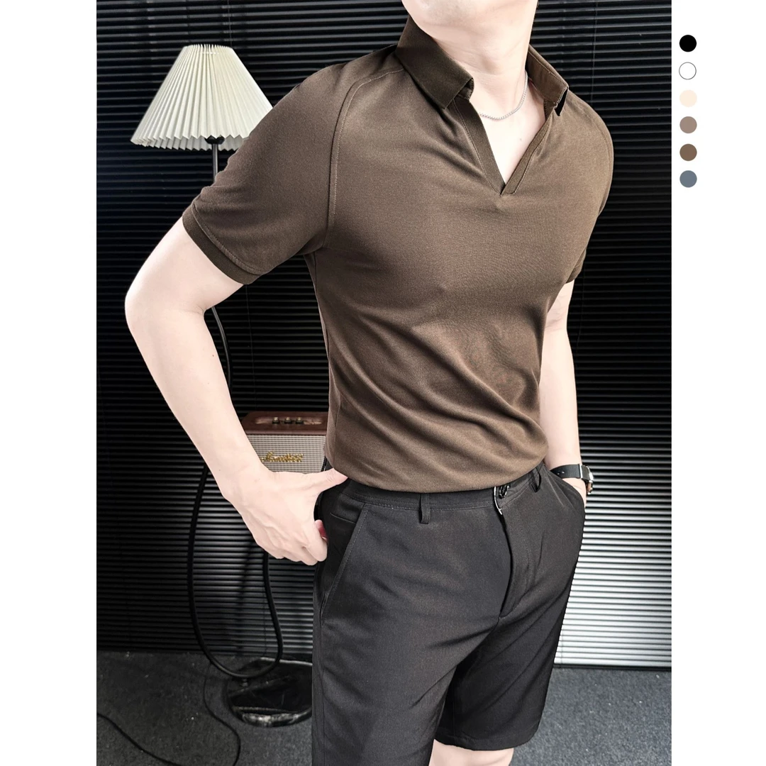 轻奢挺括polo衫男款爆款2025新款夏季高级感小V领针织男士短袖t恤