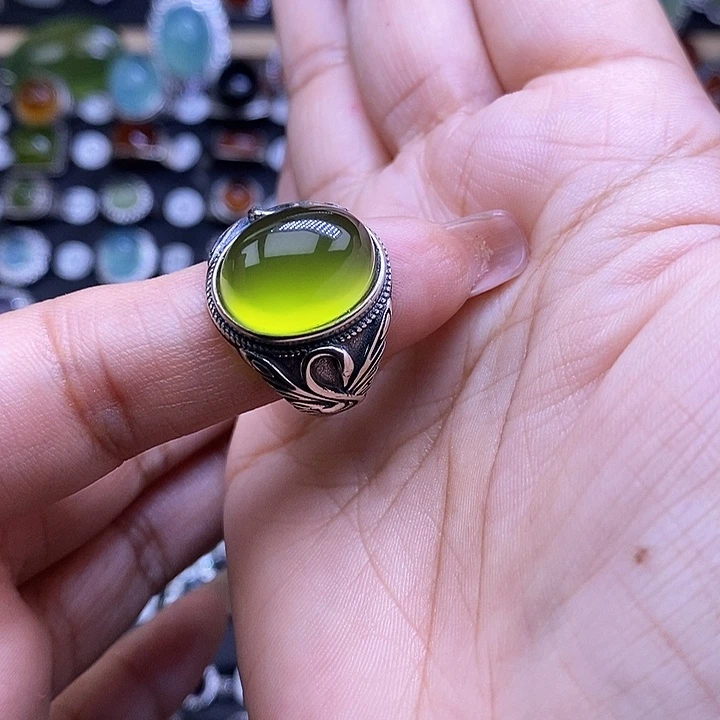 岫玉银S925镶嵌戒指桔*