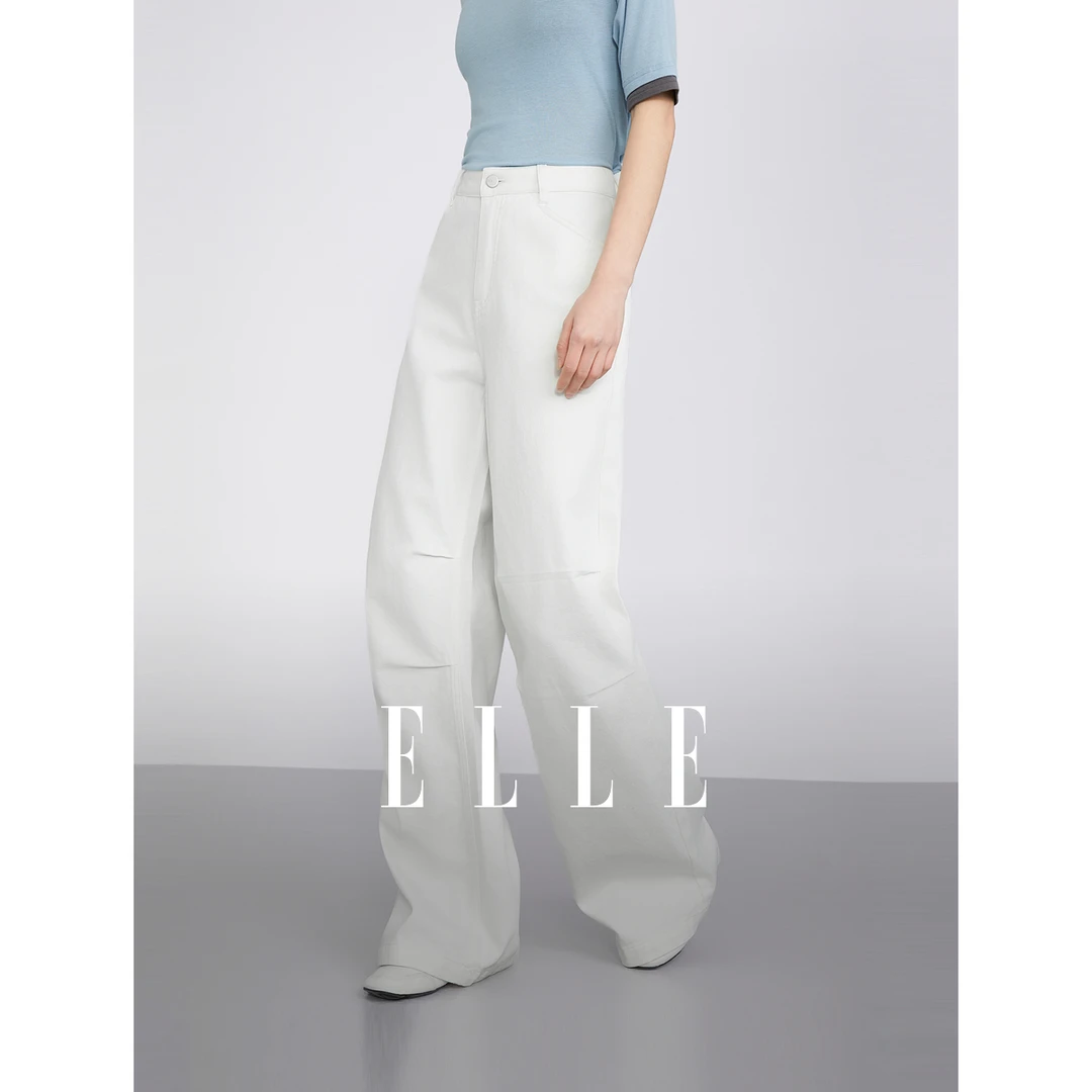ELLE米白色高腰宽松牛仔裤女士2025春季欧若风洋气裤子EQ50927