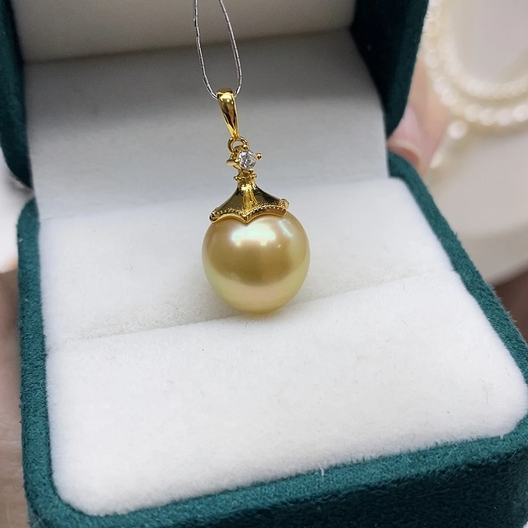 海水珍珠吊坠(不含链)银S925镶嵌浓金色11-12mm