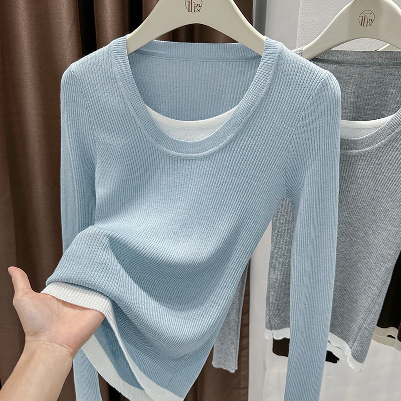 蓝色U领长袖针织衫洋气内搭亲肤上衣女秋季爆款假两件撞色打底衫