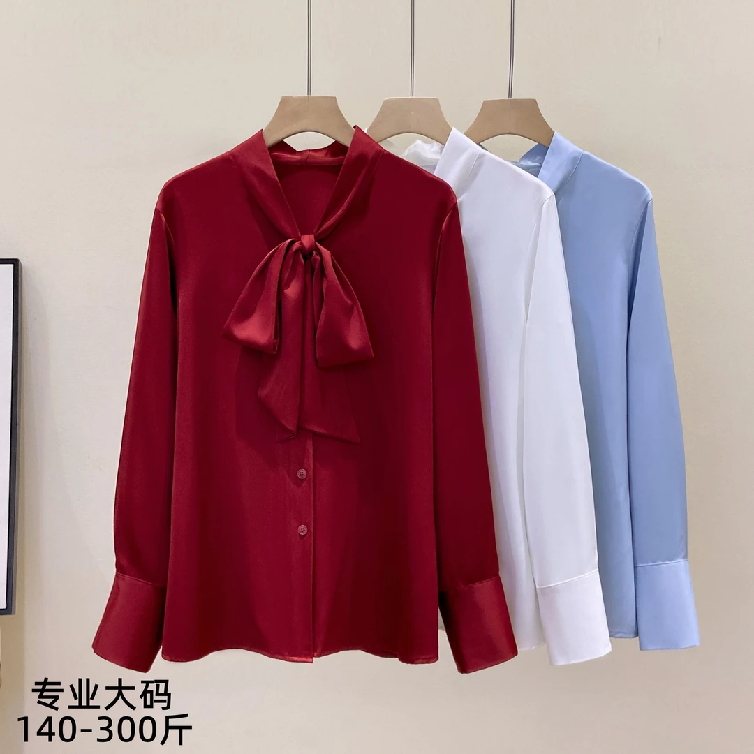 大码宽松丝巾蝴蝶结领长袖衬衫上衣女OL风五一加大加宽女连衣裙MM