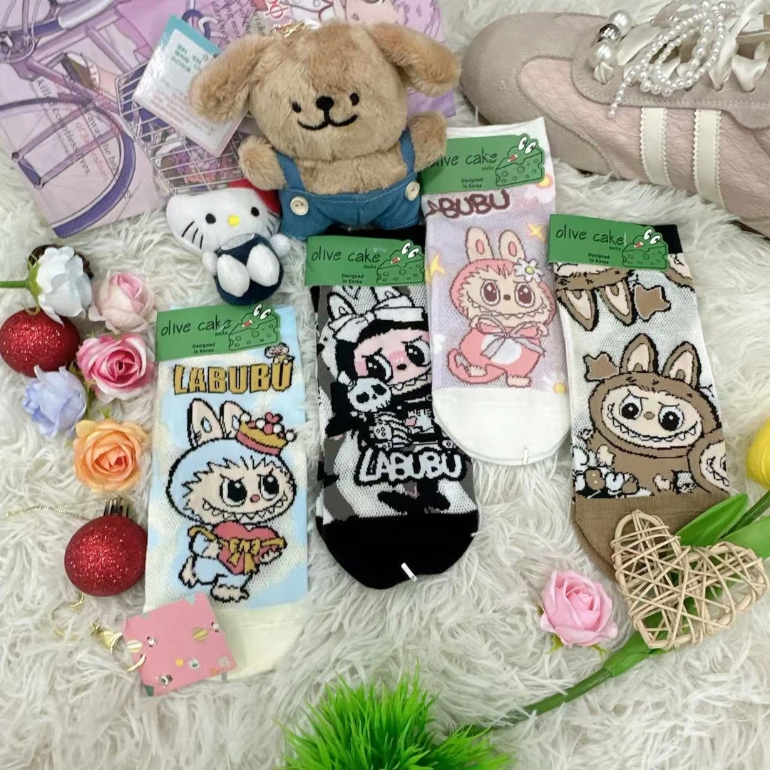 夏季薄棉网眼棉袜子女士可爱labubu系列短袜组合袜子可爱