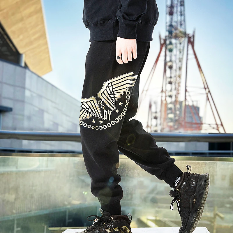 BY闪耀金链翅膀烫金秋冬卫裤/男女同款休闲长裤潮牌新款爆款裤子