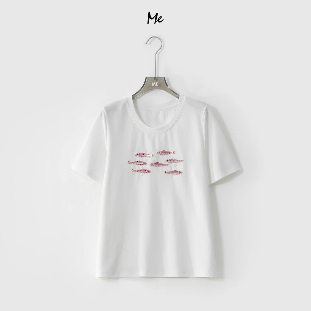 ME【小粉鱼钉珠T】手缝亮片显瘦舒适时尚百搭休闲短袖T恤MESS4183