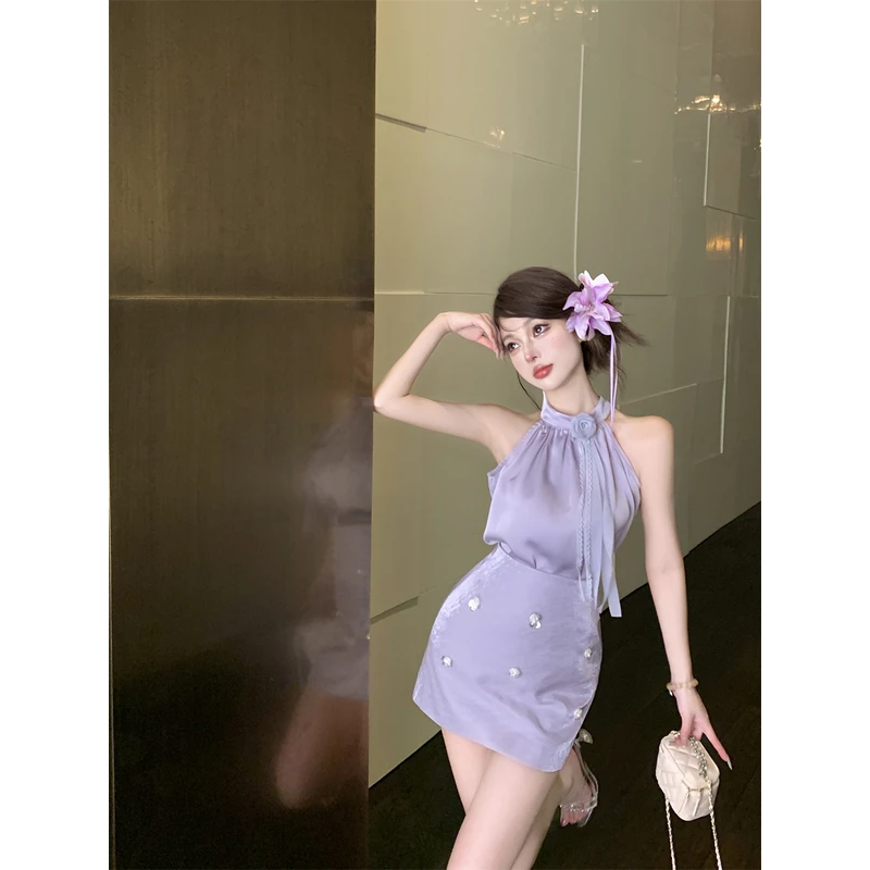 法式气质名媛飘带花朵挂脖无袖缎面上衣高腰半身裙紫色套装女夏季