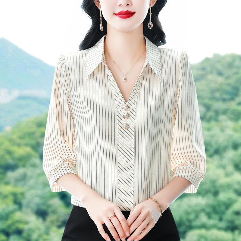 2025春夏新款洋气七分袖上衣气质减龄衬衫女士大码小衫