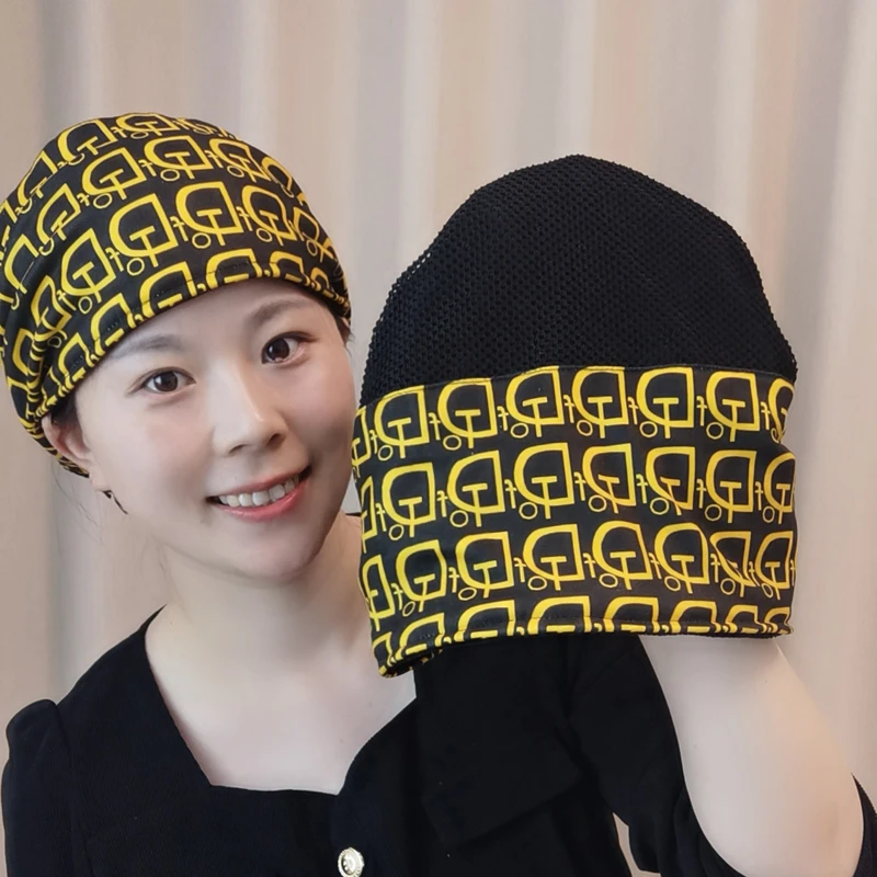 字母Dt黄色盘花帽子加绒不加绒双层洋气秋冬新款遮白发保暖帽