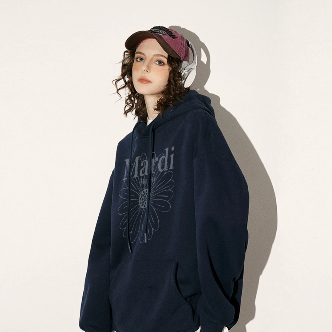 Mardi Moiety小雏菊藏青色连帽卫衣外套女秋冬宽松慵懒设计感上衣