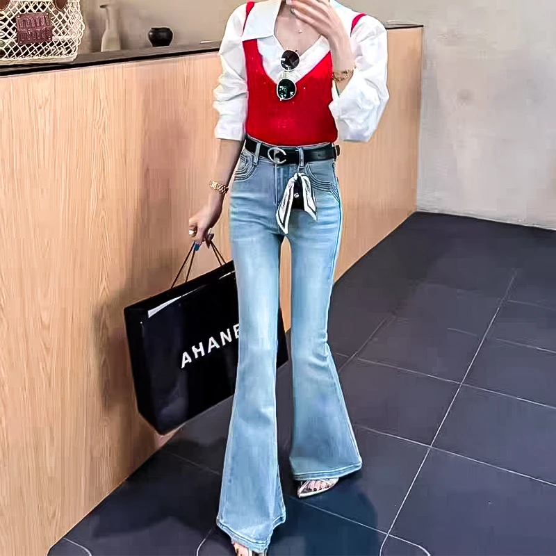 NLD新玲东小个子微胖女装高腰修身显高显瘦微喇叭牛仔裤紧身设计