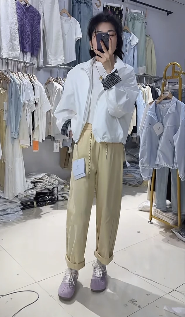 7662夏季新款松紧腰直筒休闲裤女纯色简约洋气高腰遮肉显瘦阔腿裤