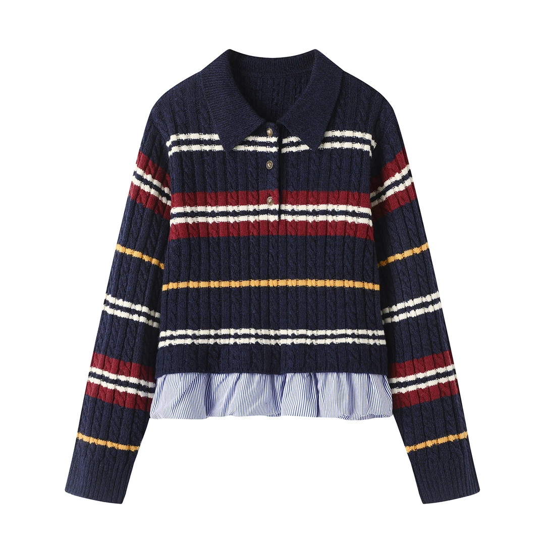 【Y2242】新款复古学院风条纹拼接假两件针织衫女荷叶边下摆毛衣女