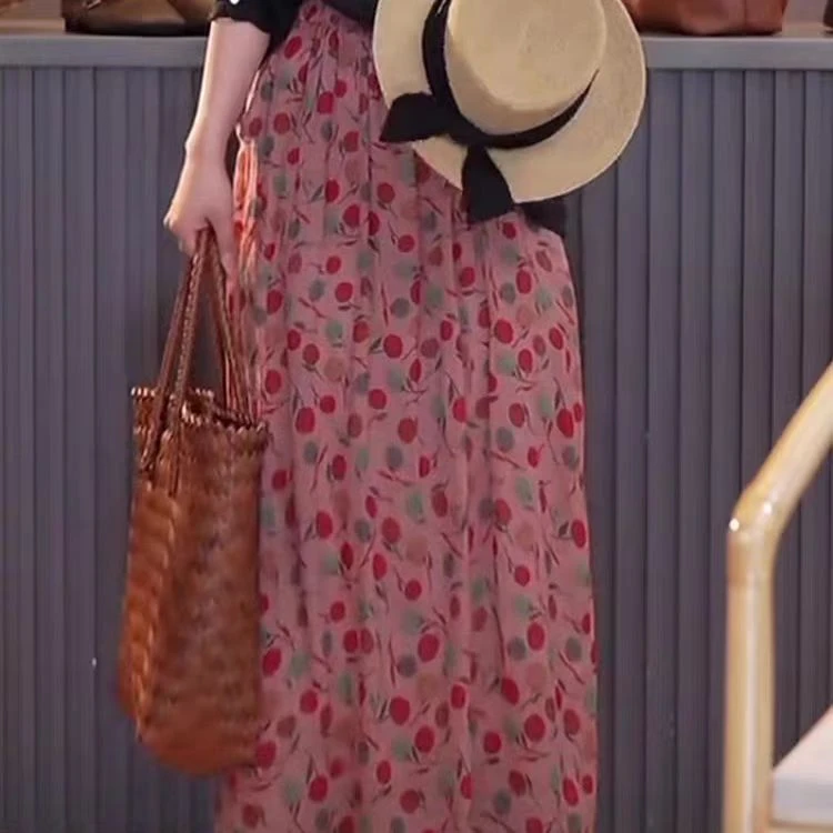 【F33】粉碎花高腰松紧腰显瘦带内衬半身裙中长款洋气百搭裙子