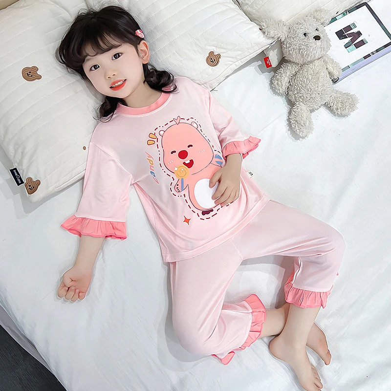 女童睡衣夏季薄款莫代尔女宝宝空调服小女孩七分袖套装儿童家居服