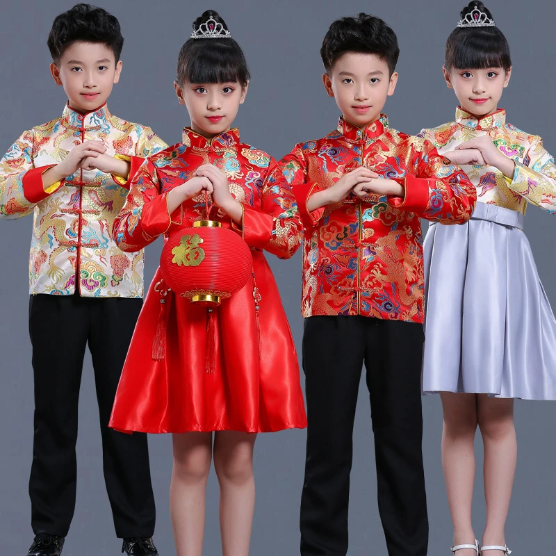 元旦春节喜庆演出服儿童合唱拜年服开门红唐装表演服风礼服