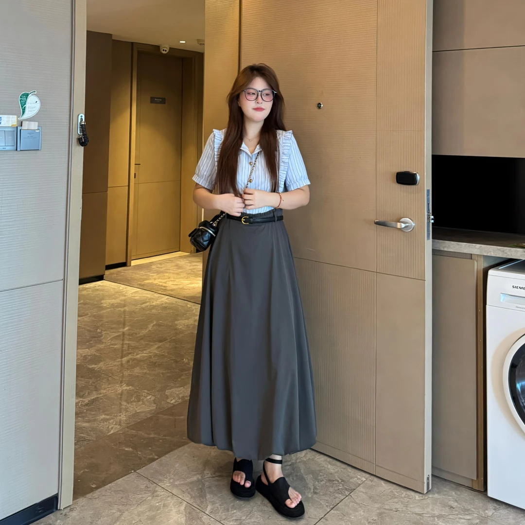 盈盈&南岛风大码女装条纹衬衫假两件连衣裙夏胖mm显瘦裙子ZYY1920