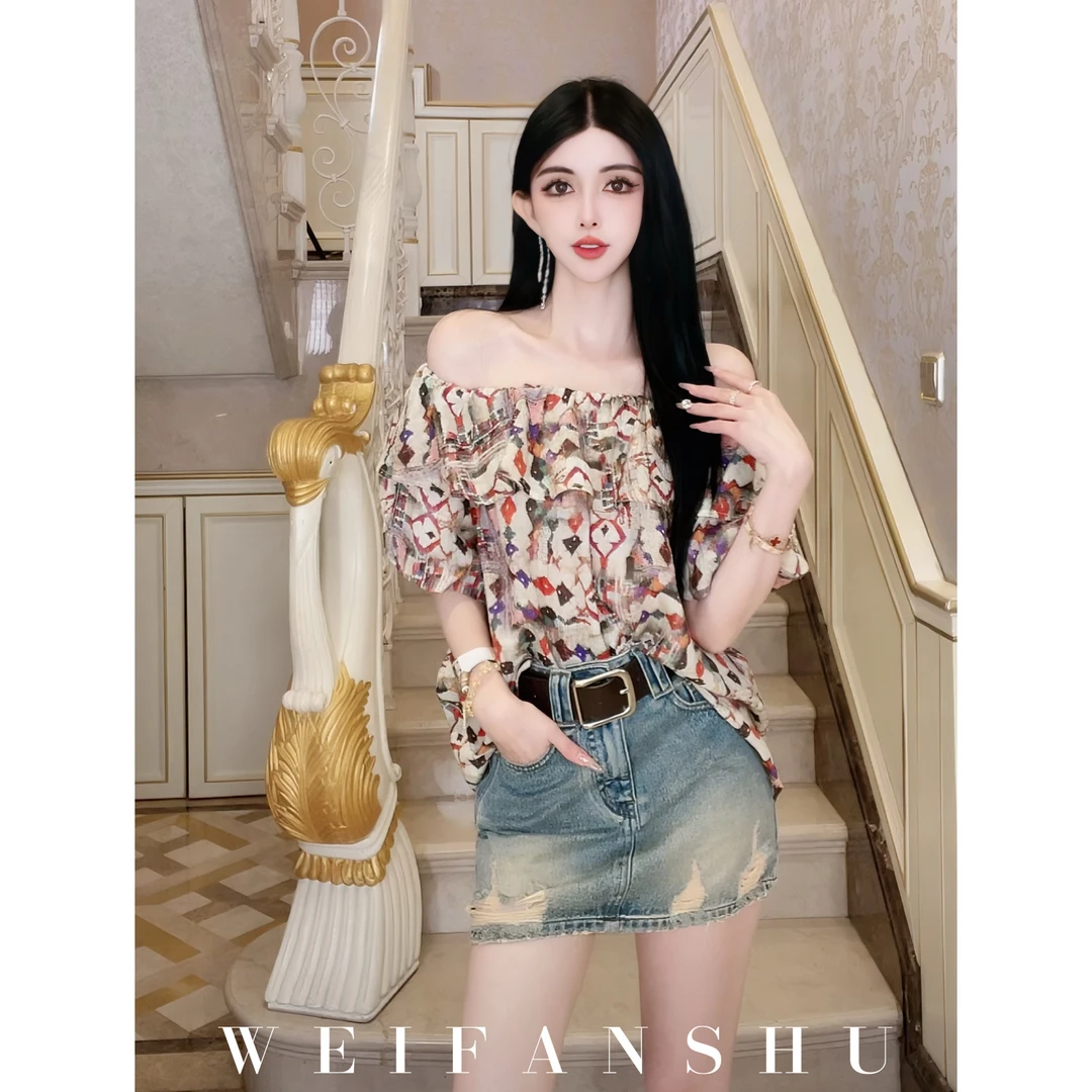 WEIFANSHU/魏凡舒【唯美爱恋】夏季新款高级感经典印花一字肩上衣