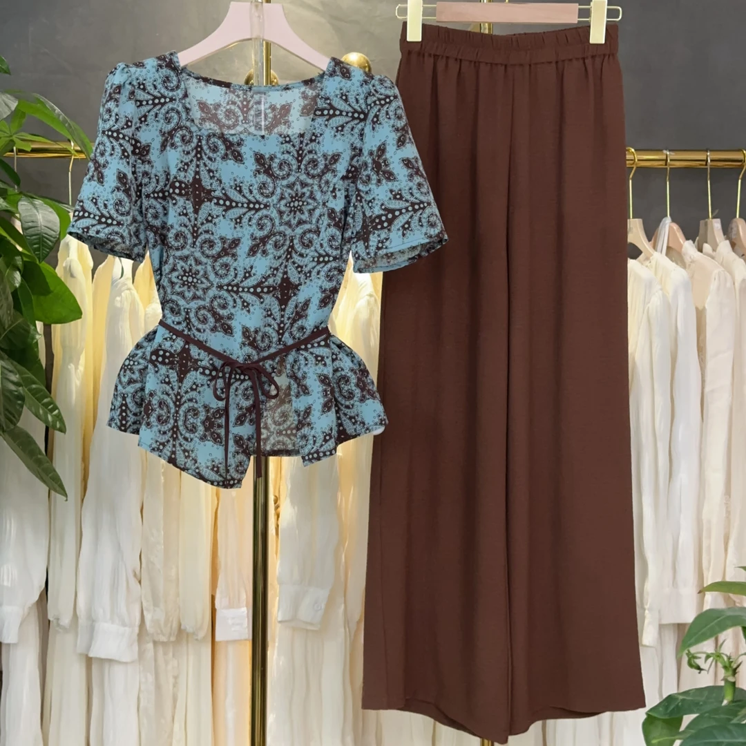 【三件套】时尚套装2025夏季新款休闲减龄上衣+阔腿裤+腰带套装M350