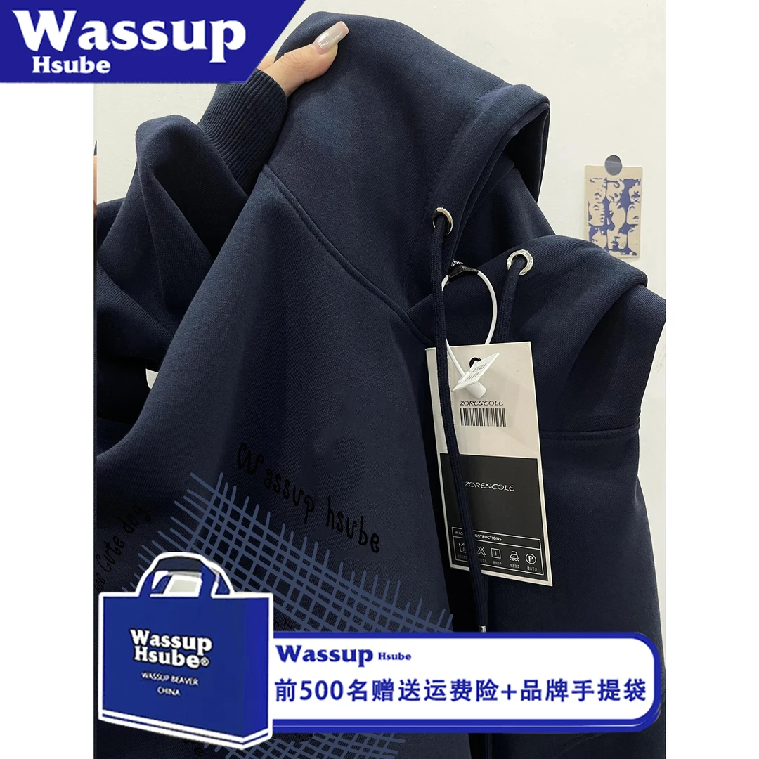 WASSUP HSUBE宽松潮流字母小狗印花线条美式长袖秋冬情侣上衣休闲
