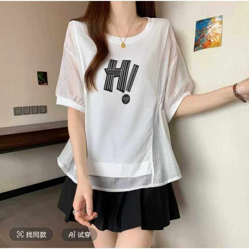 薄款雪纺网纱拼接短袖衬衫女2025夏季抽绳收腰显瘦上衣A1534