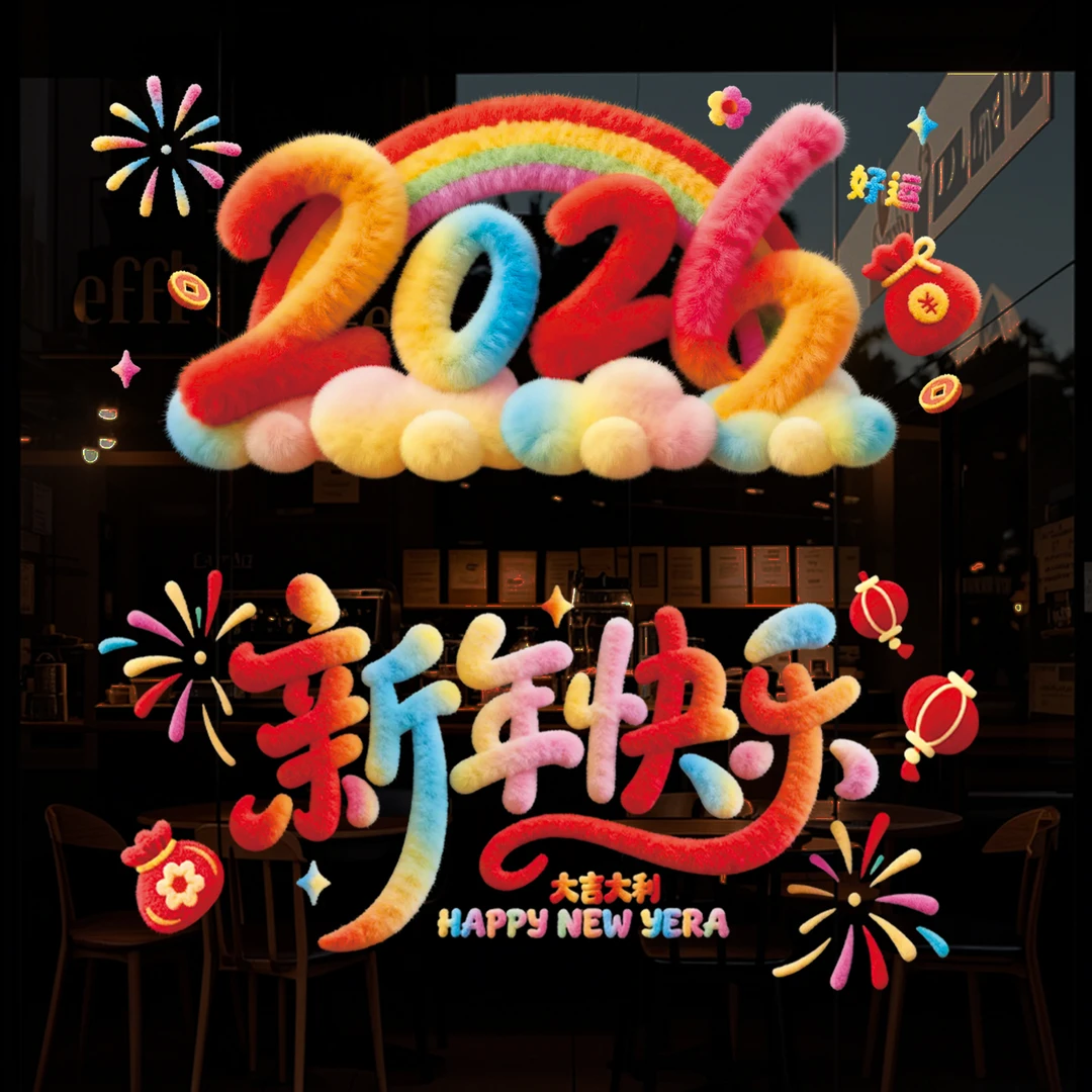 2026马年梦幻立体毛绒贴玻璃门静电贴春节装饰商场店铺橱窗贴毛茸