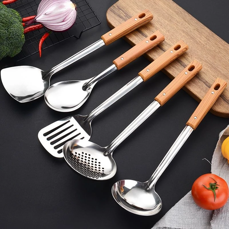 仿木纹手柄加厚不锈钢家用五件套厨具套装