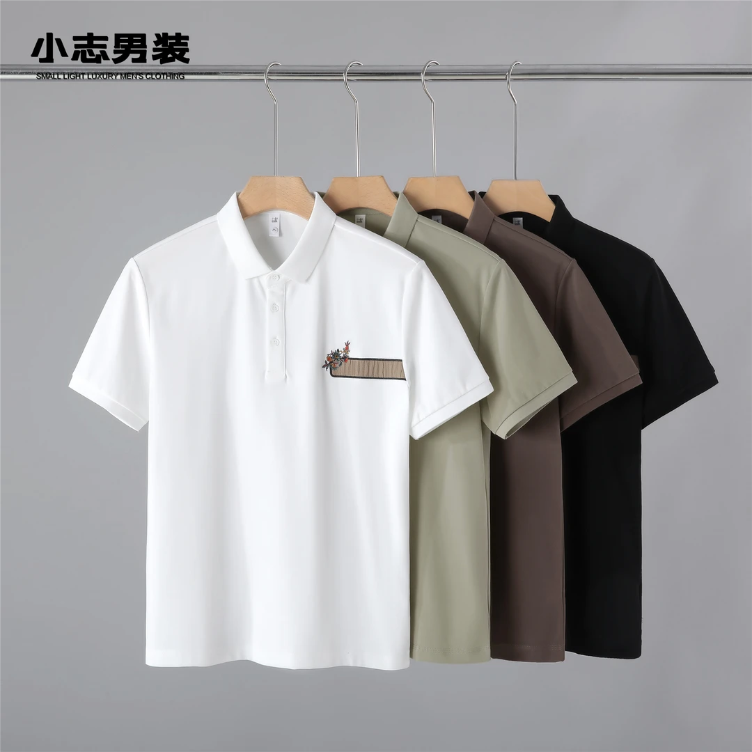 【断码五折】胸口小花朵刺绣纹理色彩POLO衫男休闲百搭修身翻领上衣