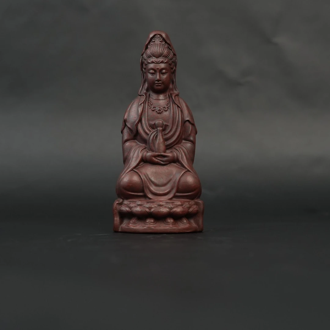 宜兴紫砂 紫 观音带莲花底座禅意中式