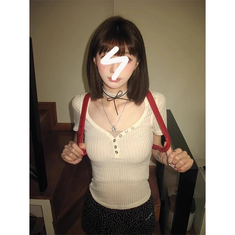 大码微透轻薄短袖t恤女裝胖mm夏季韩版纯欲辣妹低领半开领小上衣