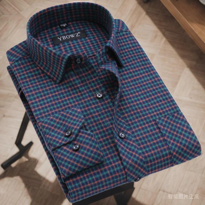 春季男士纯棉磨毛加厚格子休闲衬衫免烫抗起球中老年宽松全棉衬衣