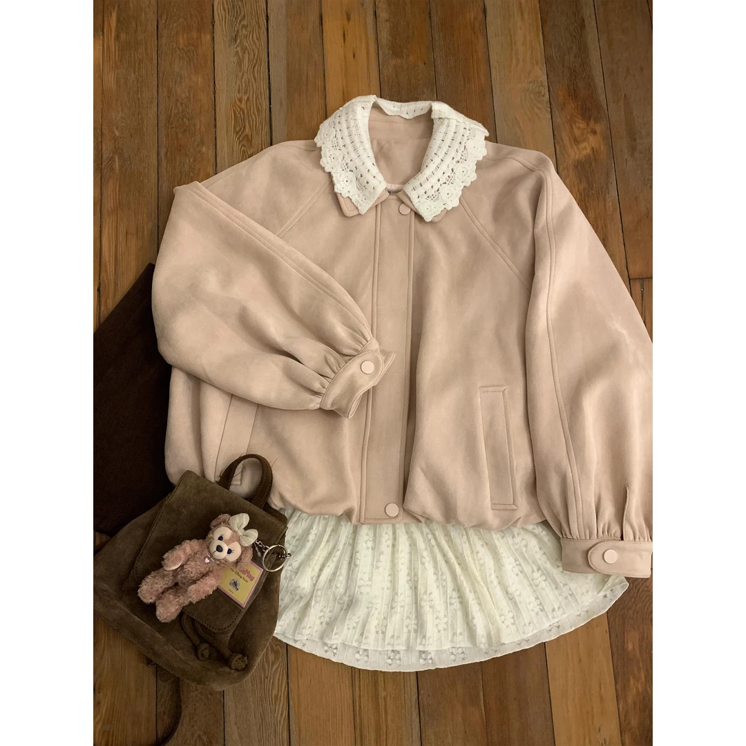 焦糖泡芙 甜美花边翻领粉色麂皮花苞外套秋季日系百搭短夹克上衣