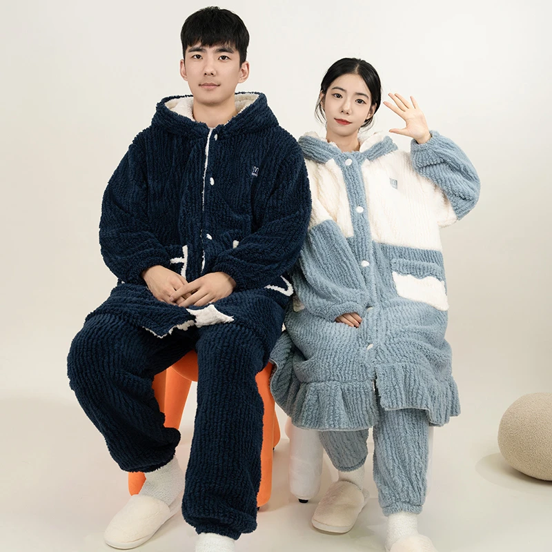 睡衣长款家居服套装大码情侣连帽加绒保暖