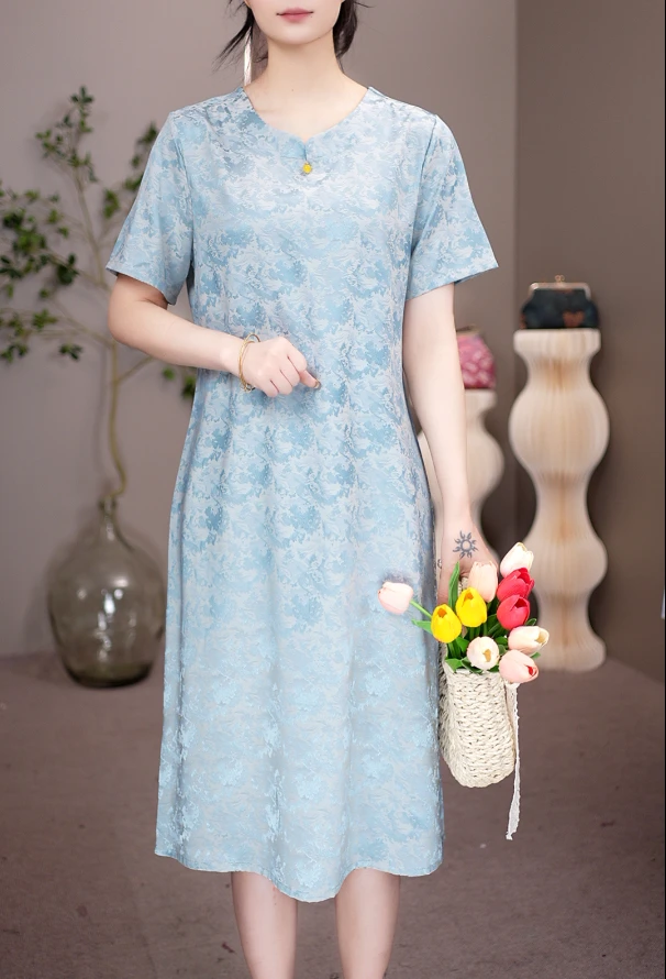 2054 【冰心蓝】圆领直筒遮肚子连衣裙