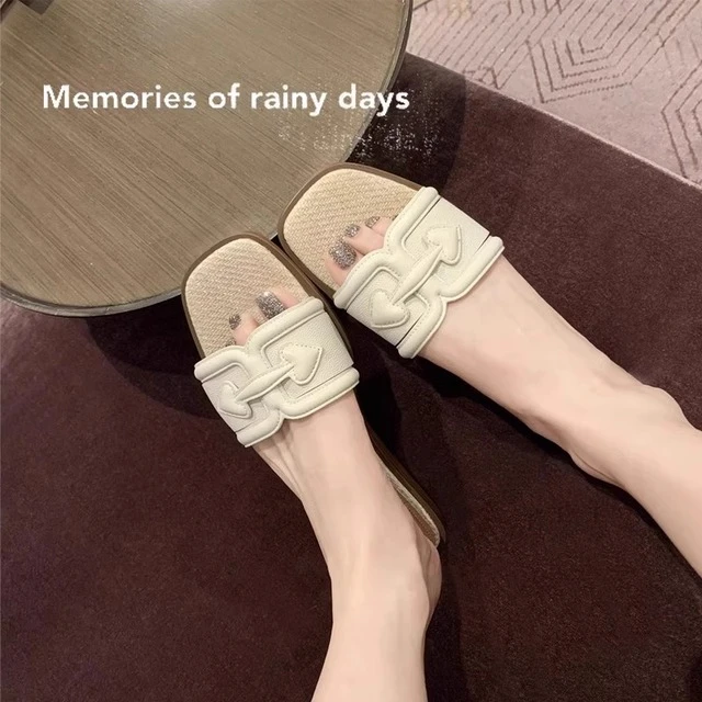 草编平底方头度假一字拖鞋女2024新款夏外穿法式仙女风凉拖半拖鞋