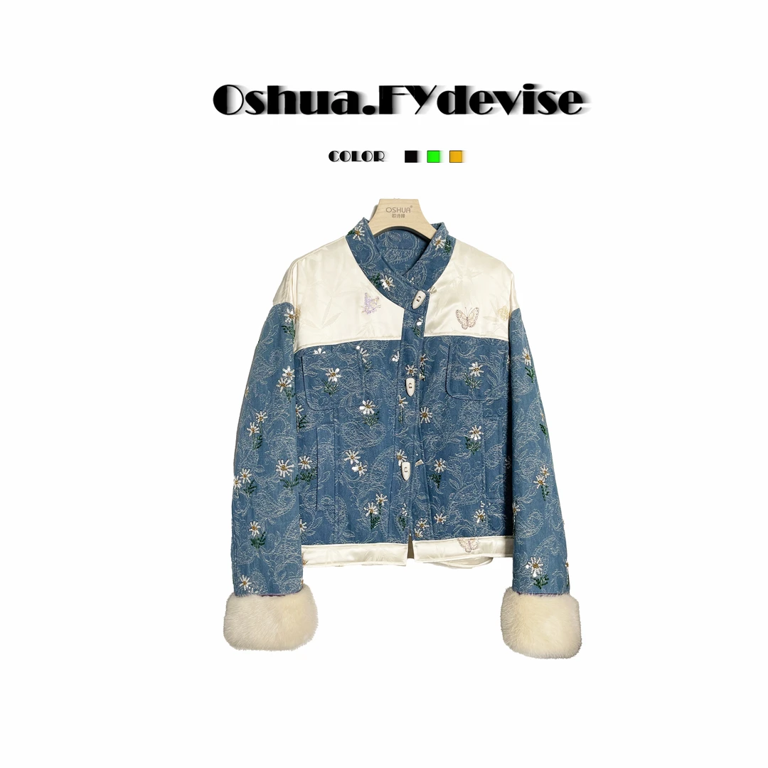 Oshua/欧诗嬅定制设计师款重工牛仔刺绣钉珠拼接水貂短外套25295