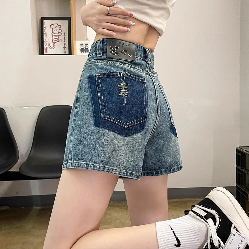 撞色百搭牛仔短裤女2025夏天新款高腰显瘦设计感a字阔腿裤子ins潮