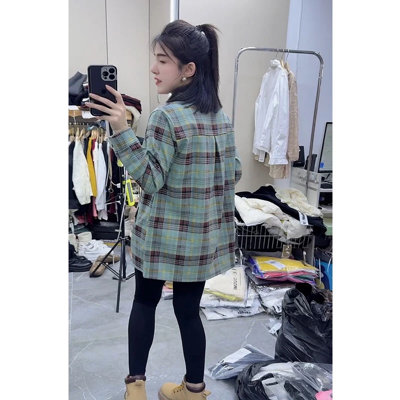 休闲风翻领套头格子衬衫2025春季新款宽松显瘦格纹时尚百搭上衣